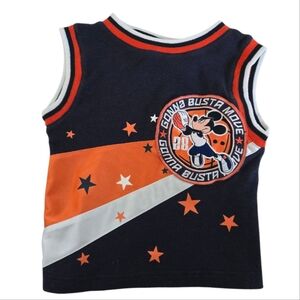 Disney Vintage Y2K Mickey Mouse Navy and Orange Basketball Jersey Tank Top